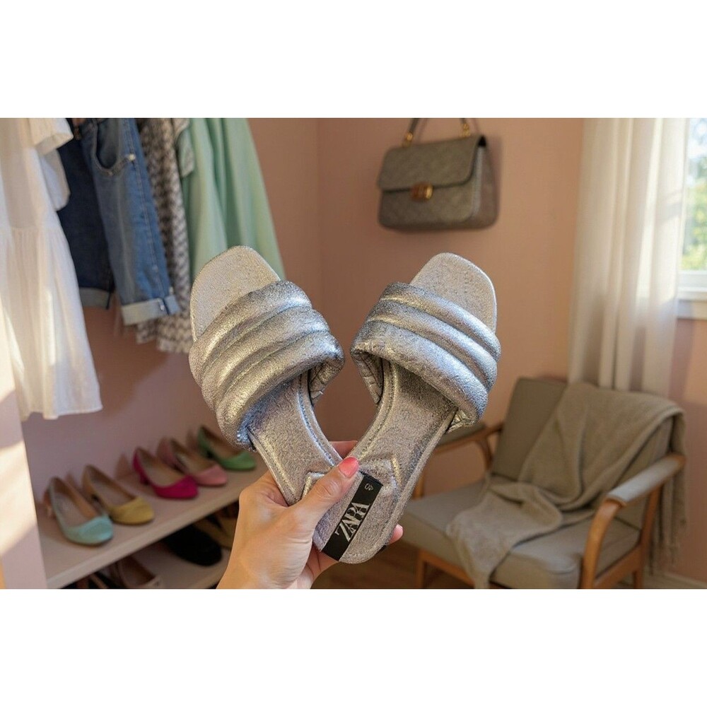 Zara Silver Slip-On Sandals with Glitter Straps Size 40 US 9 EUC